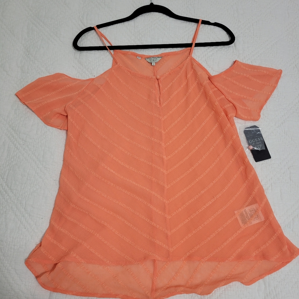 Guess Coral Cold Shoulder Modern Chevron Blouse